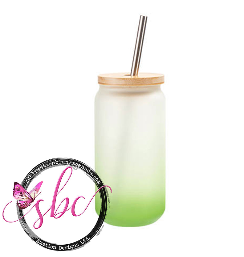 18oz Frosted Glass Can Sublimation Tumbler with Bamboo Lid Gradient Green