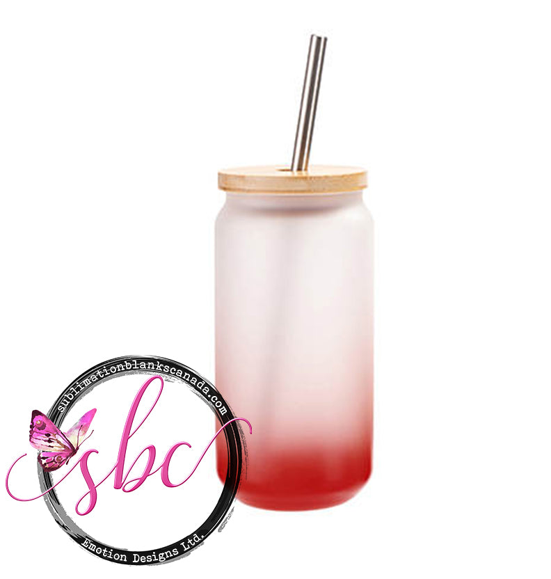 18oz Frosted Glass Can Sublimation Tumbler with Bamboo Lid Gradient Red