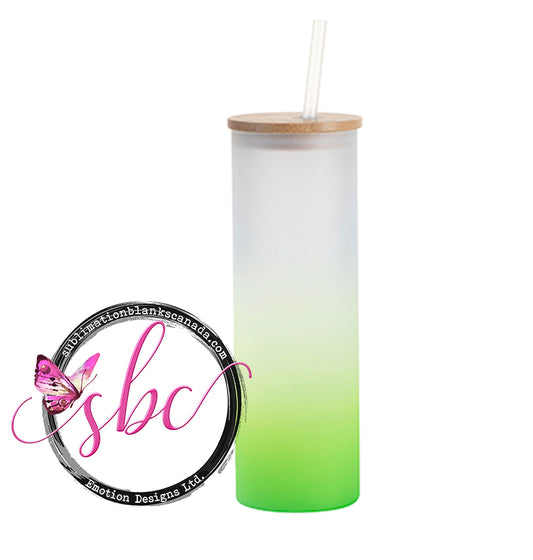 20oz Frosted Glass Sublimation Tumbler with Bamboo Lid Gradient Green - Sublimation Blanks Canada - Emotion Designs Ltd.