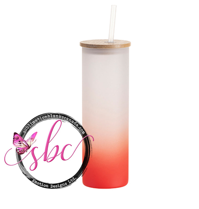 20oz Frosted Glass Sublimation Tumbler with Bamboo Lid Gradient Red - Sublimation Blanks Canada - Emotion Designs Ltd.