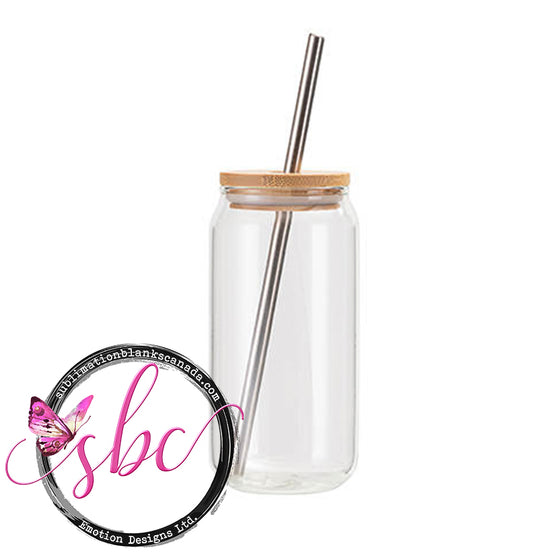 18oz Clear Glass Can Sublimation Tumbler with Bamboo Lid