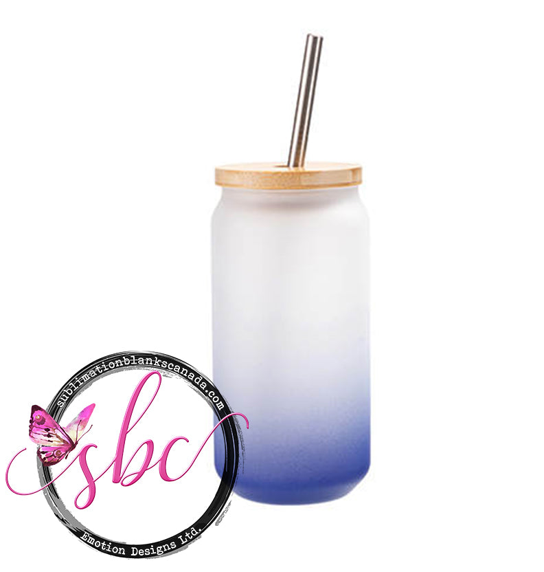 18oz Frosted Glass Sublimation Tumbler with Bamboo Lid Gradient Dark Blue