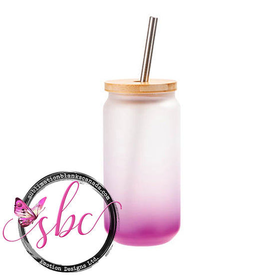 18oz Frosted Glass Can Sublimation Tumbler with Bamboo Lid Gradient Pink