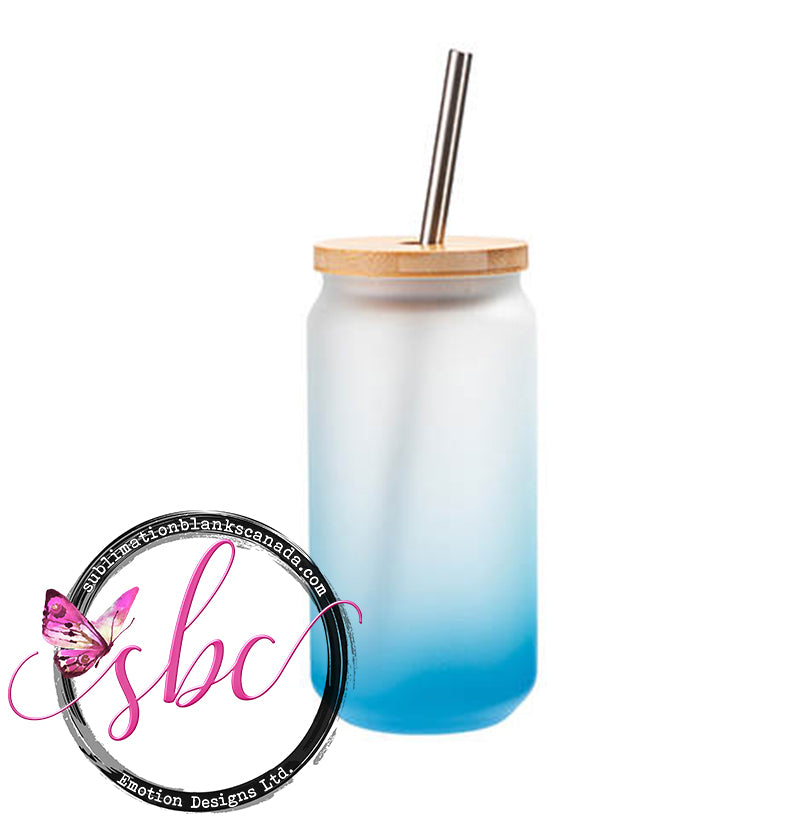 18oz Frosted Glass Can Sublimation Tumbler with Bamboo Lid Gradient Light Blue