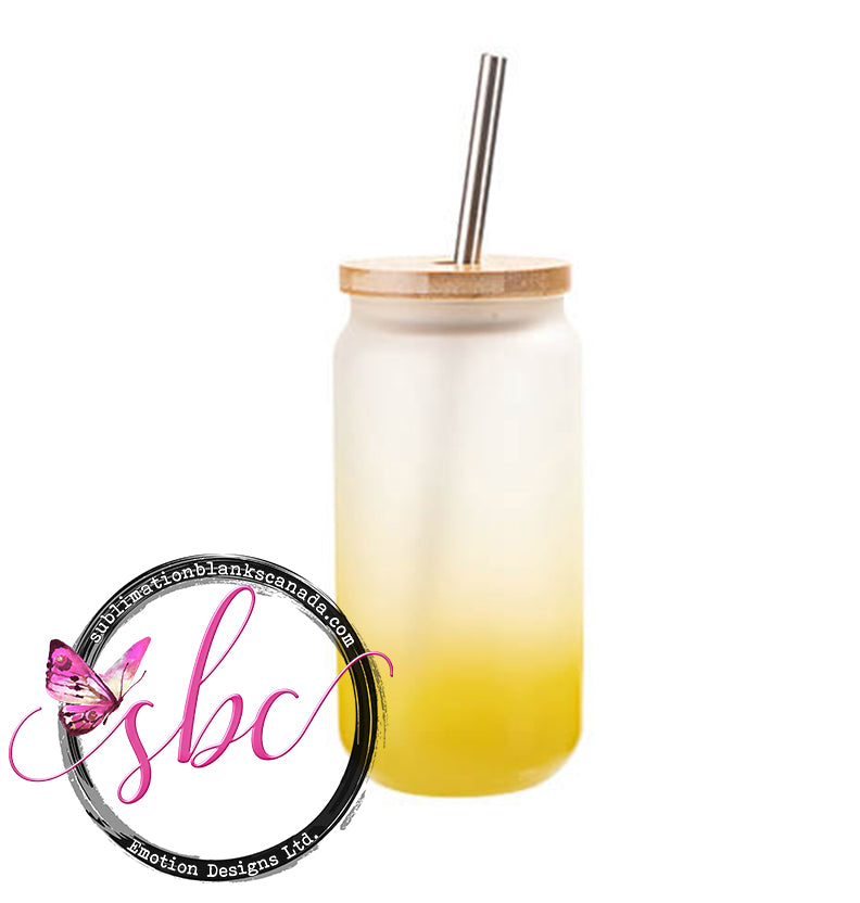 18oz Frosted Glass Can Sublimation Tumbler with Bamboo Lid Gradient Yellow