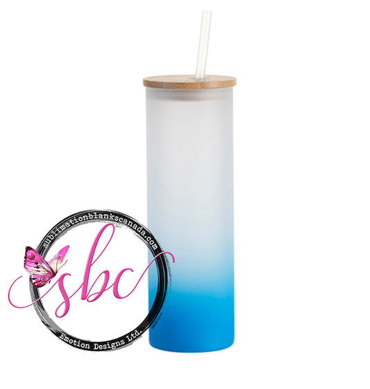 20oz Frosted Glass Sublimation Tumbler with Bamboo Lid Gradient Blue - Sublimation Blanks Canada - Emotion Designs Ltd.