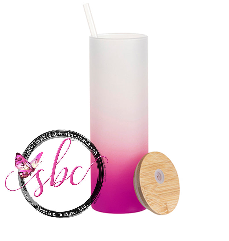 20oz Frosted Glass Sublimation Tumbler with Bamboo Lid Gradient Pink - Sublimation Blanks Canada - Emotion Designs Ltd.